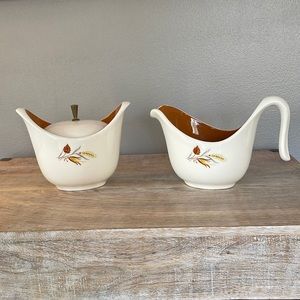 Vintage Mid Century Modern Autumn Wheat sugar bowl with lid and creamer.